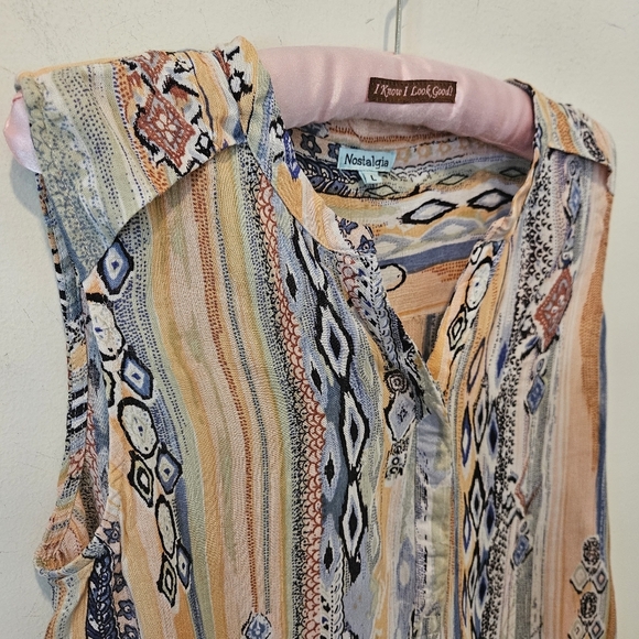 Nostalgia Women's Vintage 90s Multicolor Boho High-Low Sleeveless Blouse, Large - Picture 4 of 11